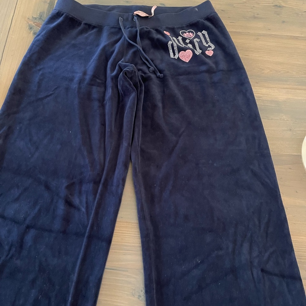 Juicy Couture Navy Velour Pants with Pink Rhinestones